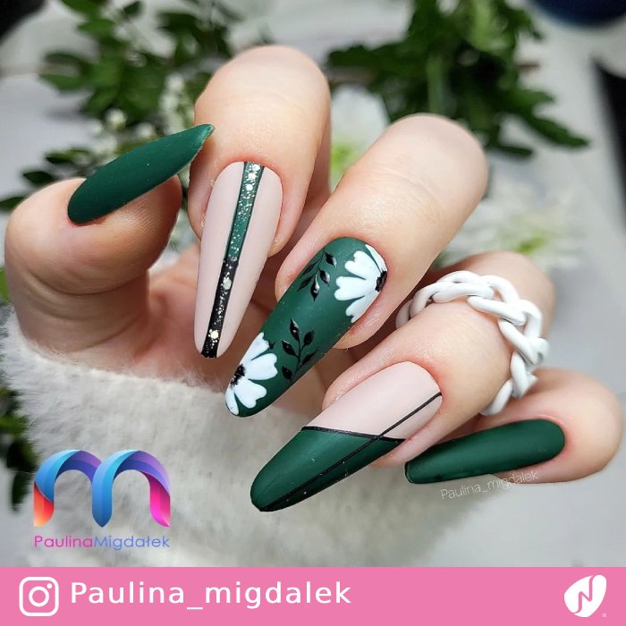 Green Nails with White Flowers